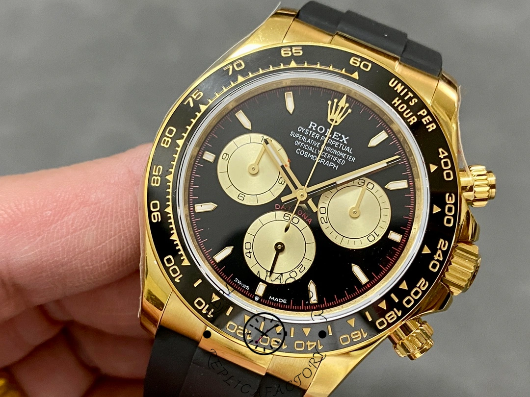 Detailed view of Rolex Daytona 126518LN showing gold crown and black ceramic bezel.