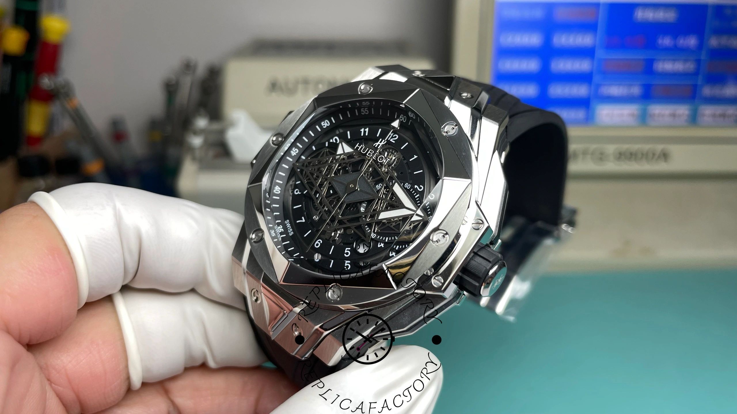 Side view of Hublot Big Bang Sang Bleu II Titanium 45mm showing crown and case.