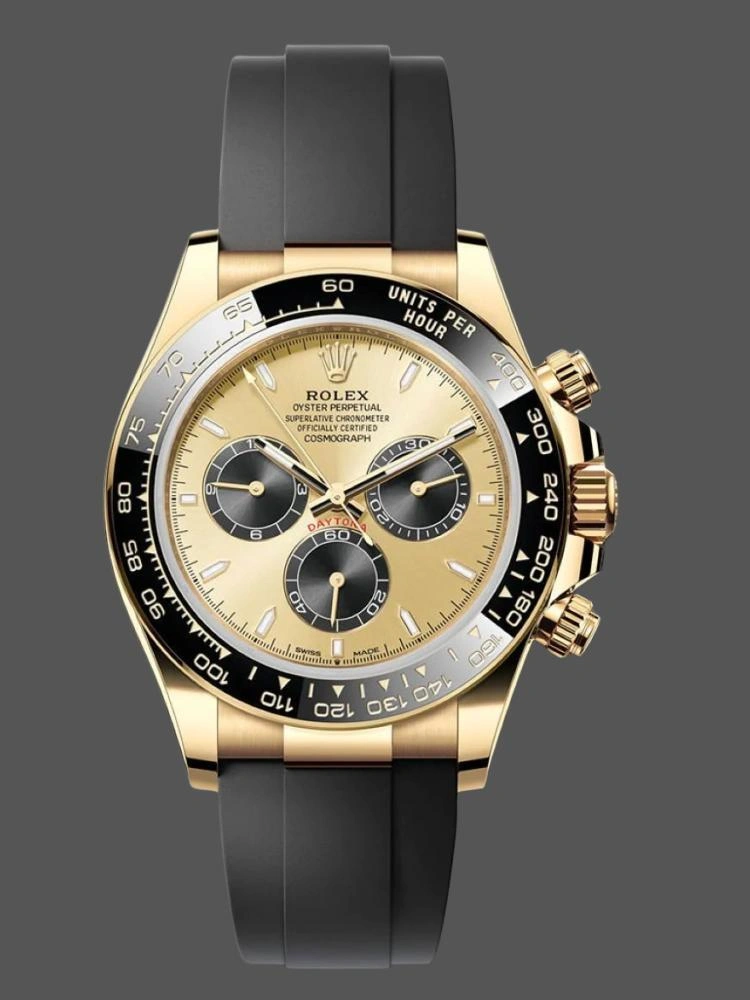 Official render of Rolex Cosmograph Daytona 126518LN yellow gold with black ceramic bezel.