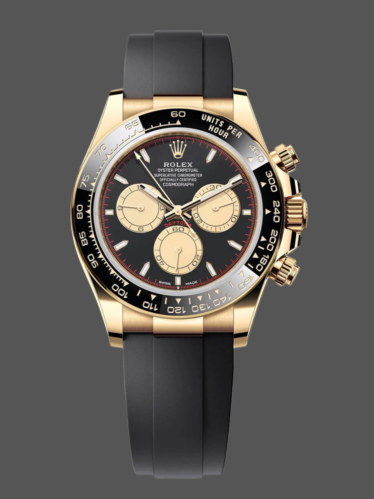 Official image of Rolex Cosmograph Daytona 126518LN 40mm in yellow gold with black Oysterflex strap.