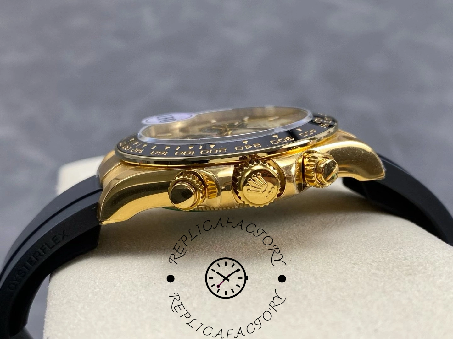 Side profile of Rolex Cosmograph Daytona 126518LN showing gold case and crown guards.