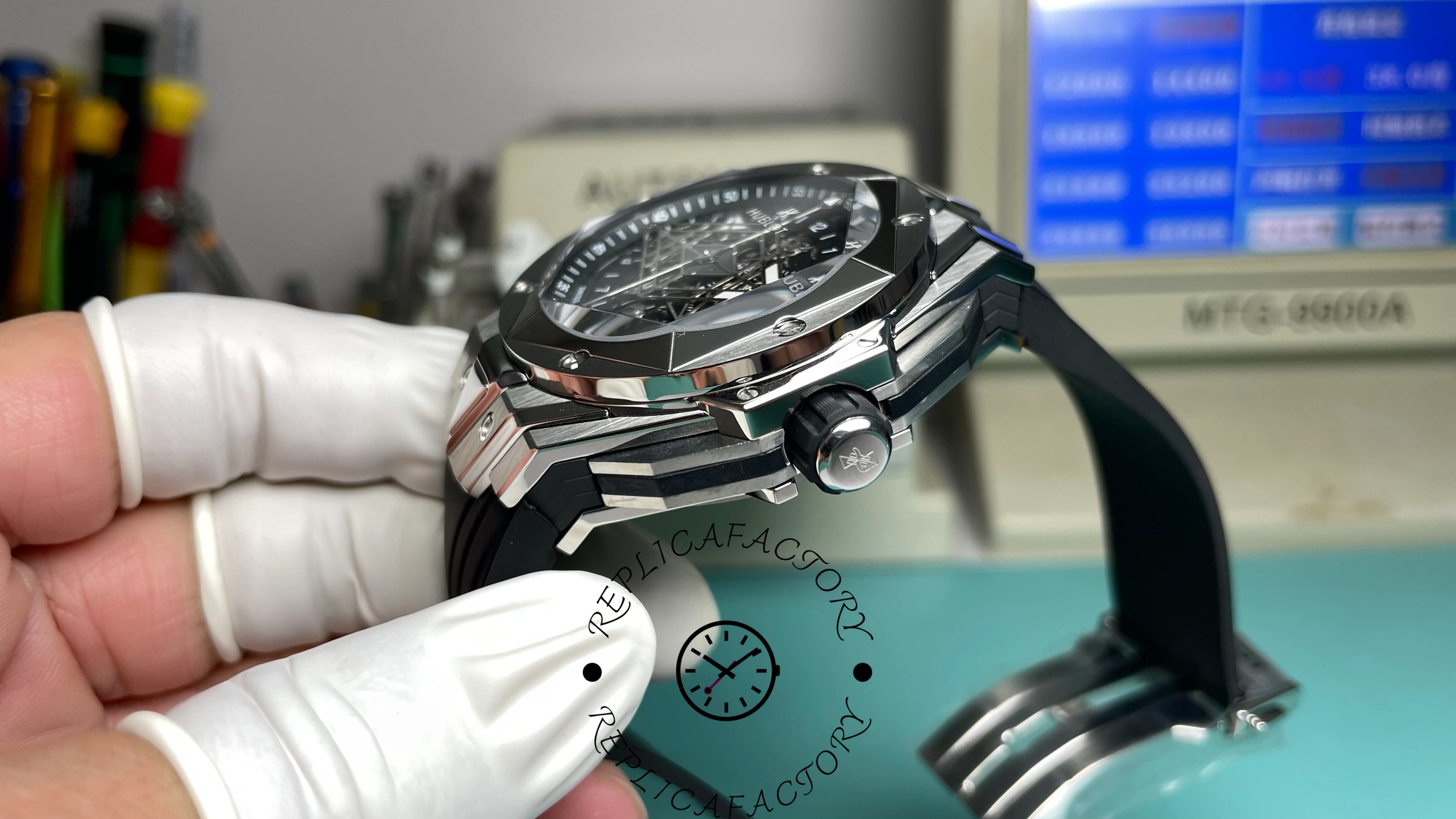 Case back of Hublot Big Bang Sang Bleu II Titanium 45mm showing engraving details.