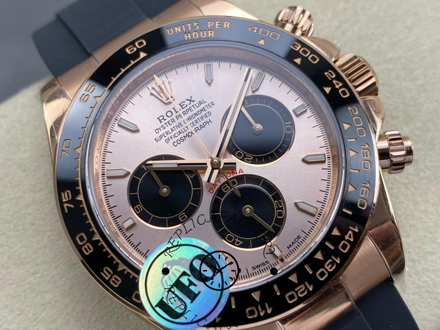 Close-up of Rolex Cosmograph Daytona 126515LN Sundust dial with black subdials.