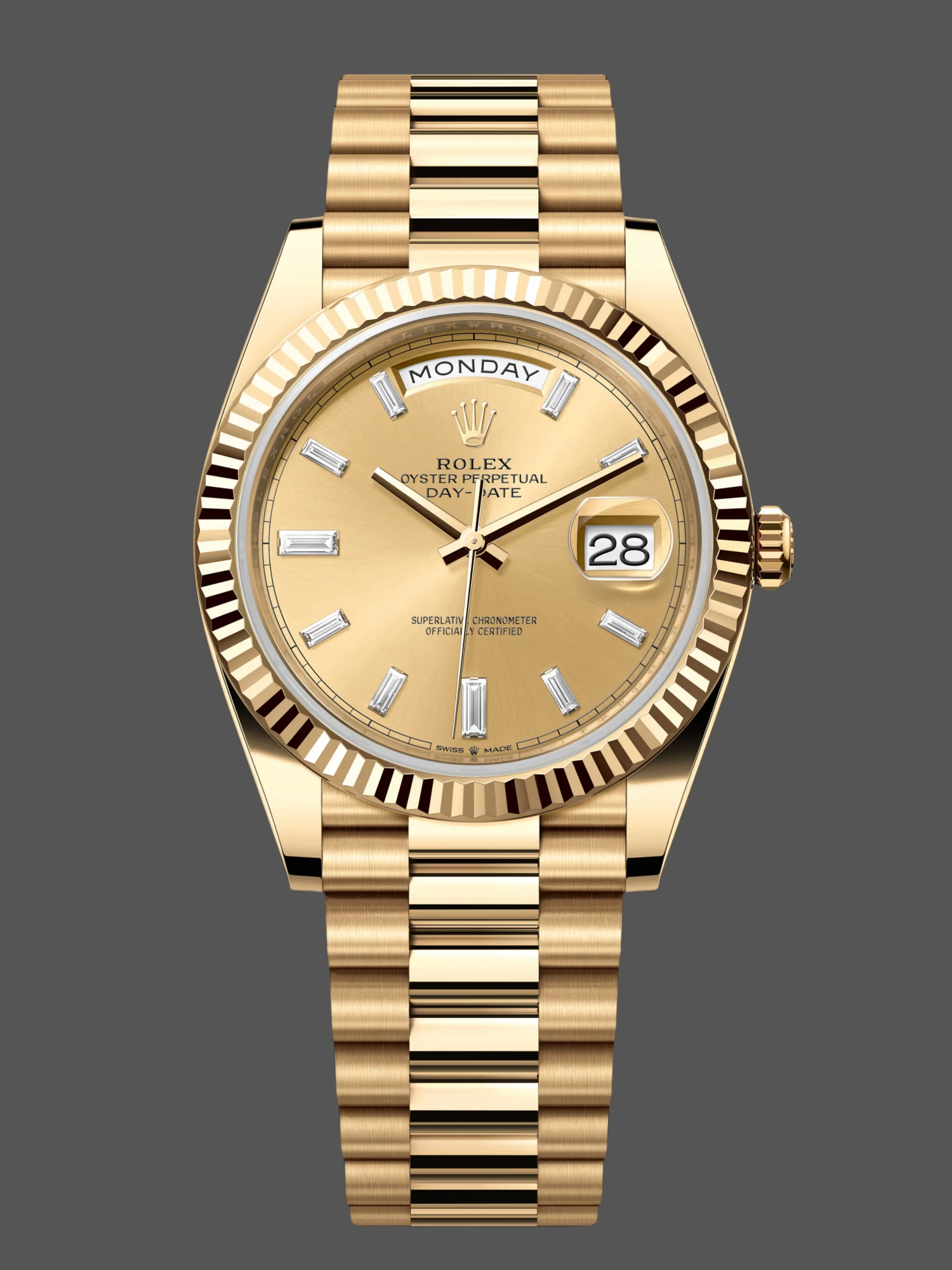 Front view of Rolex Day-Date 40 m228238-0005 showing champagne dial and fluted bezel.