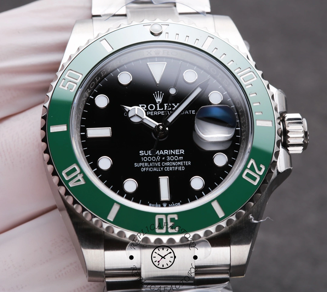 Close-up of Rolex Submariner Date 126610LV showing green bezel and black dial.