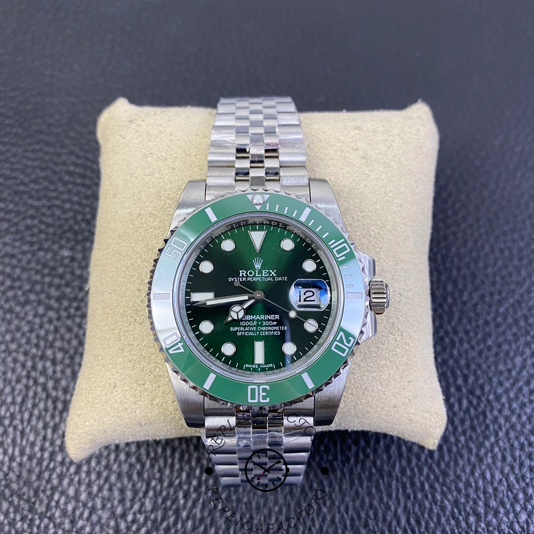 Front view of Rolex Submariner 116610LV green dial on Jubilee bracelet.