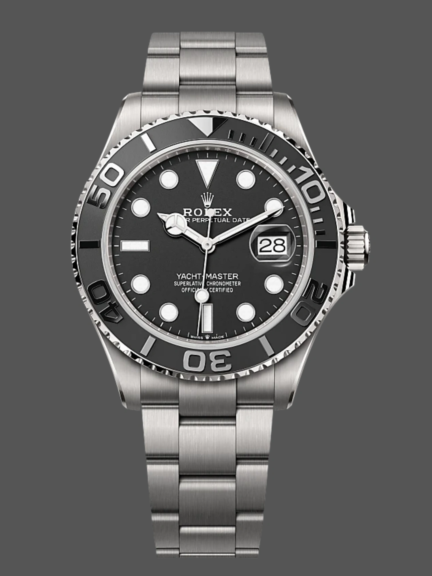 Front view of Rolex Yacht-Master 42 226627-0001 showing black dial and platinum bezel.