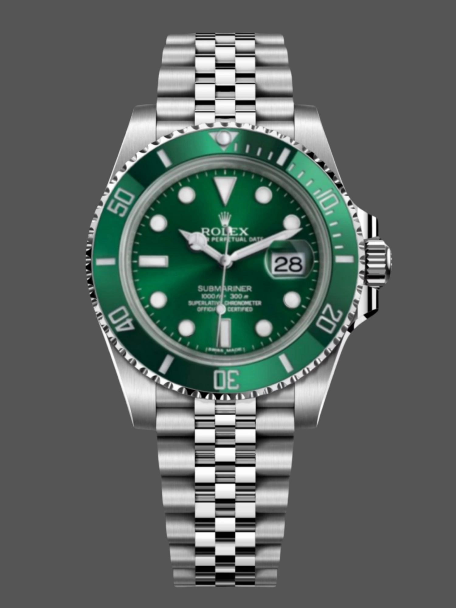 Render of Rolex Submariner 116610LV with green dial and Jubilee bracelet.