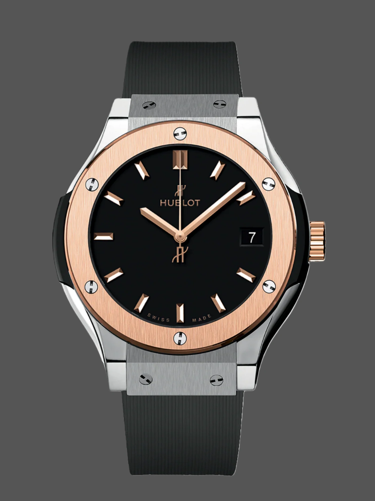 Front view of Hublot Classic Fusion 42mm 542.NO.1181.RX showing black dial and rose gold bezel.
