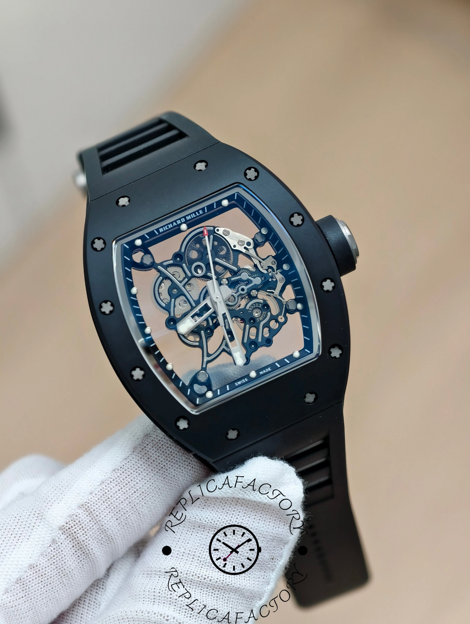 Richard Mille RM 055 RMUL2 NTPT Carbon Fiber close-up highlighting mechanical skeleton design.