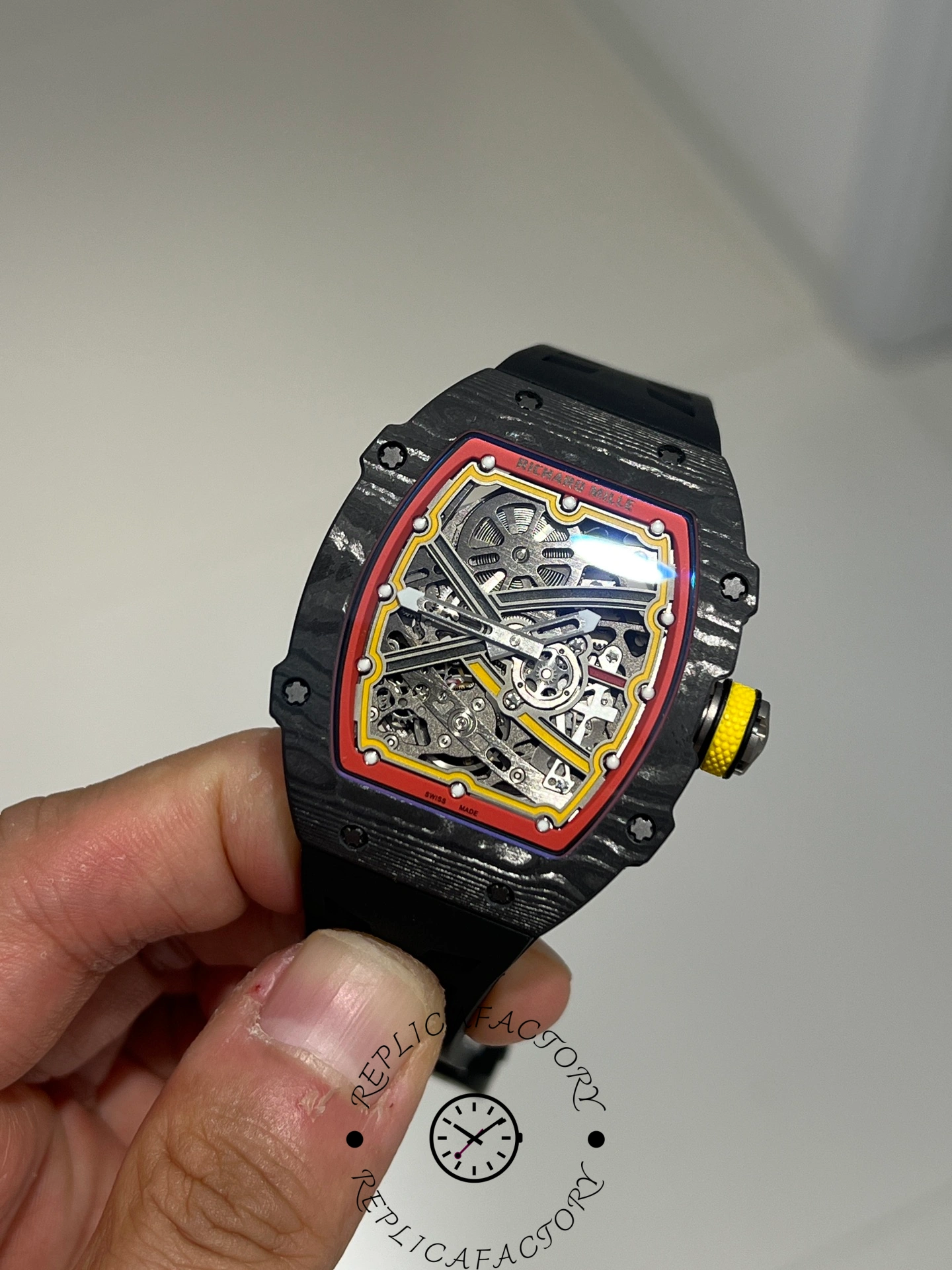Close-up of Richard Mille RM67-02 dial showing skeleton movement and luminous hands.