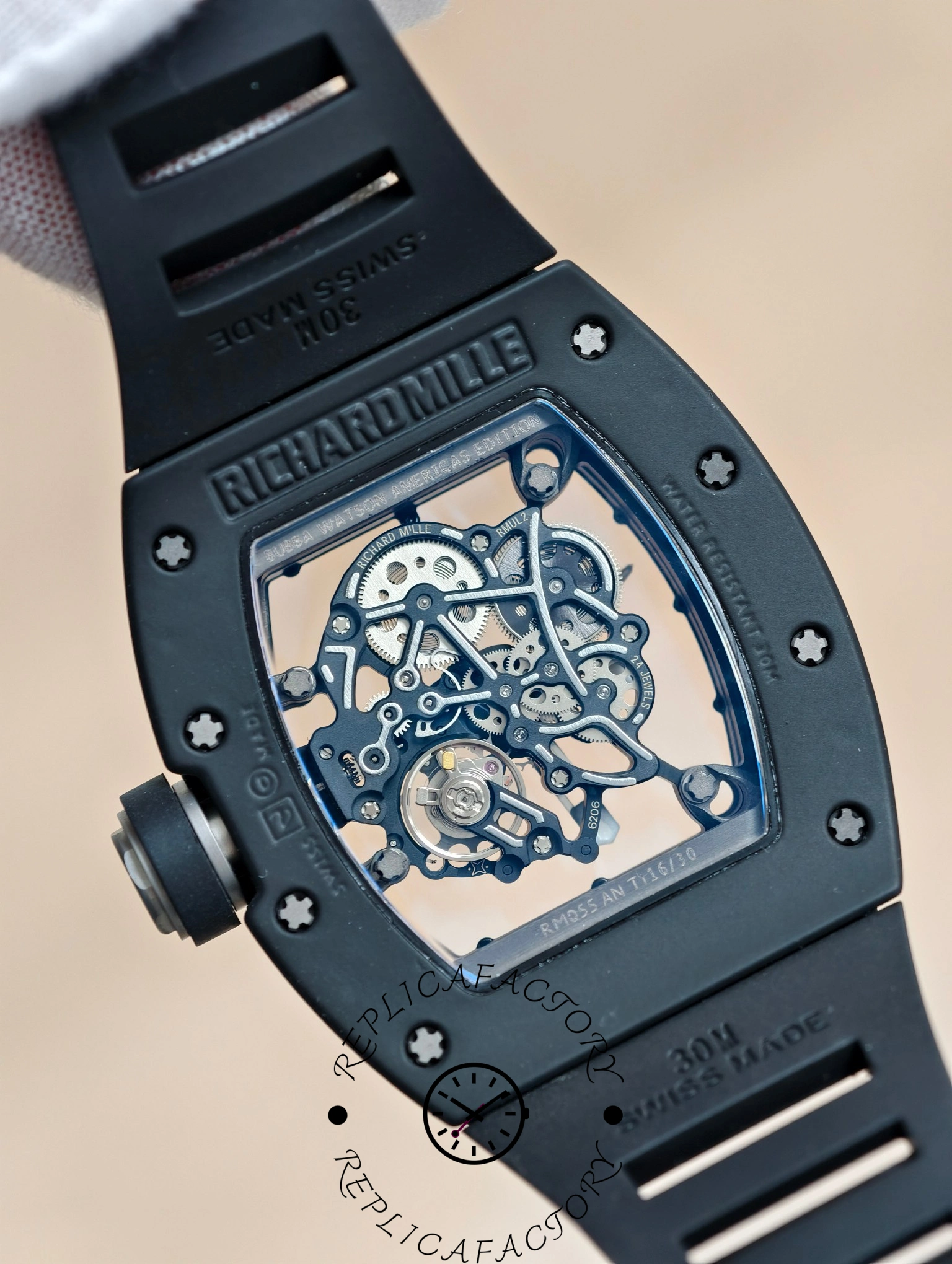 Back view of Richard Mille RM 055 RMUL2 revealing skeleton movement and RMUL2 engraving.