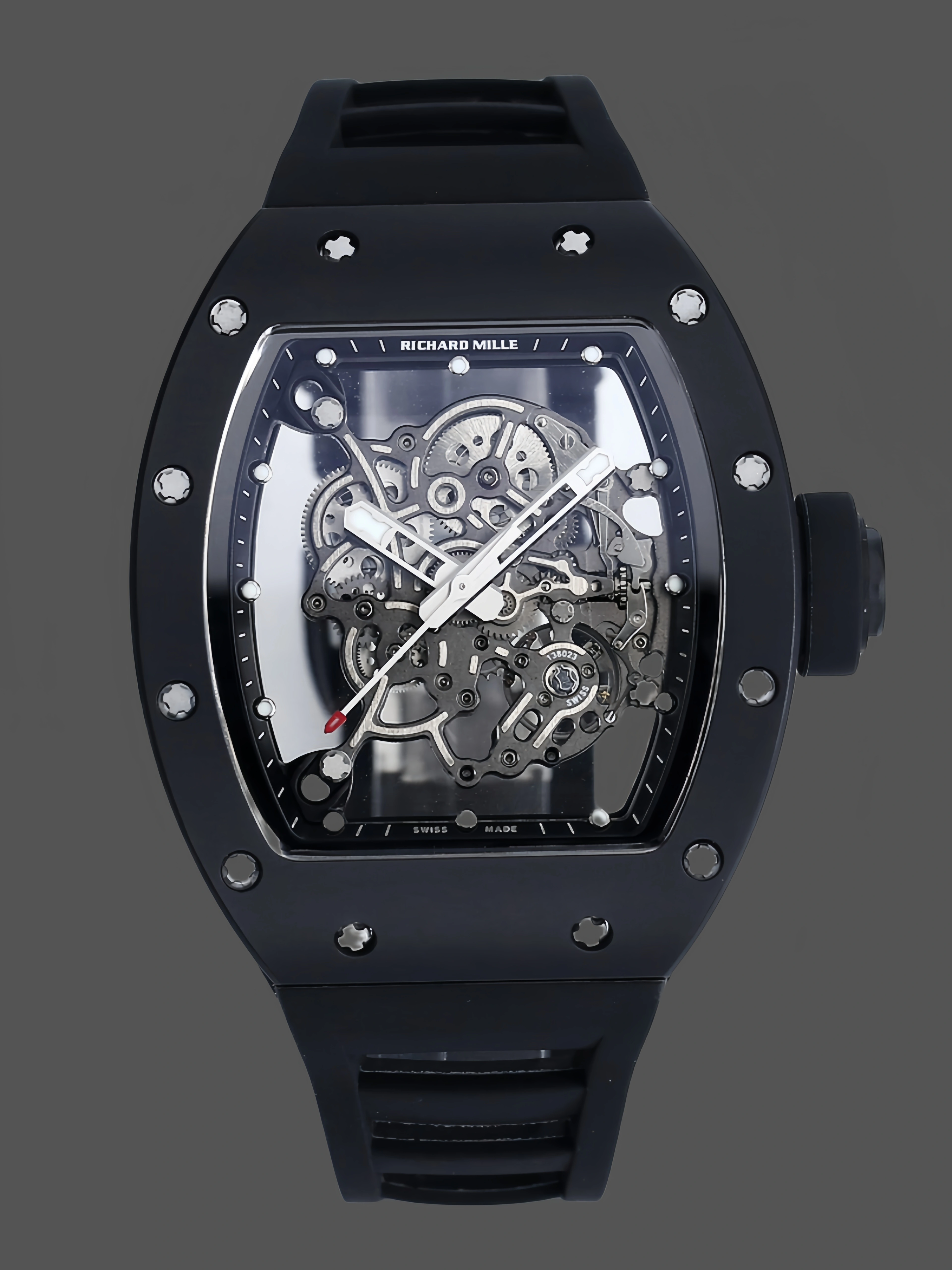 Front view of Richard Mille RM 055 RMUL2 showing skeleton dial and carbon fiber case.