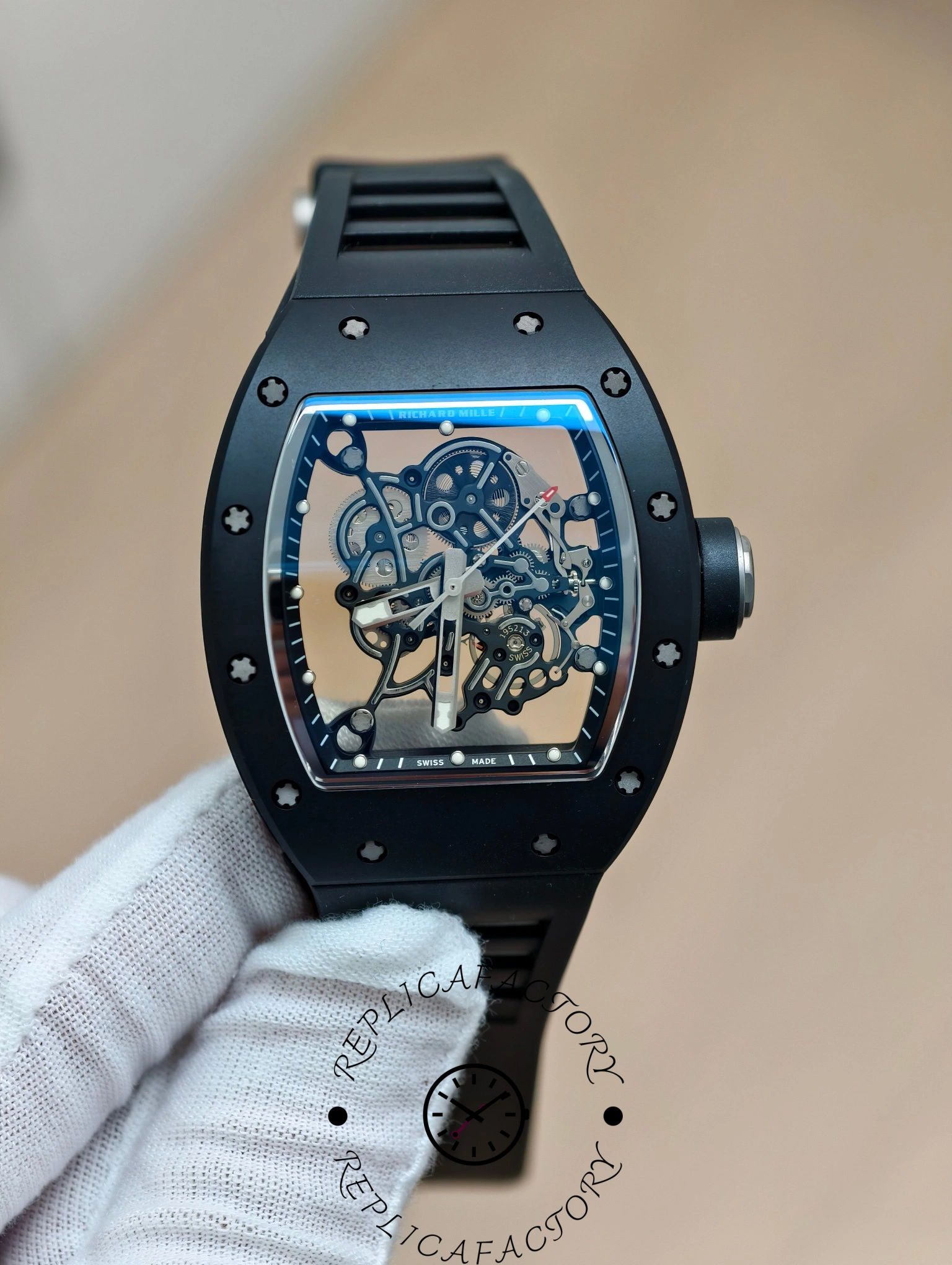 Angled view of Richard Mille RM 055 RMUL2 NTPT Carbon Fiber showing detailed skeleton movement.
