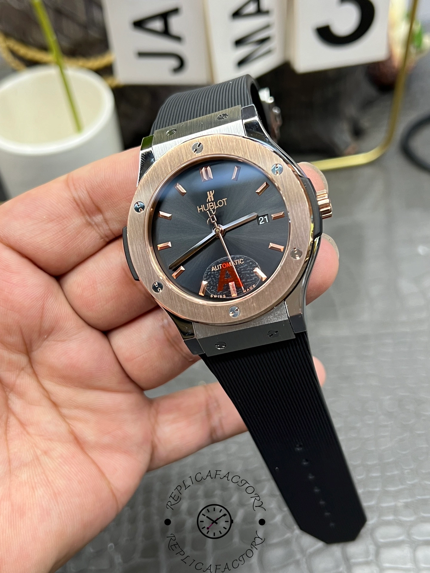 Back view of Hublot Classic Fusion 42mm 542.NO.1181.RX showing automatic movement through caseback.