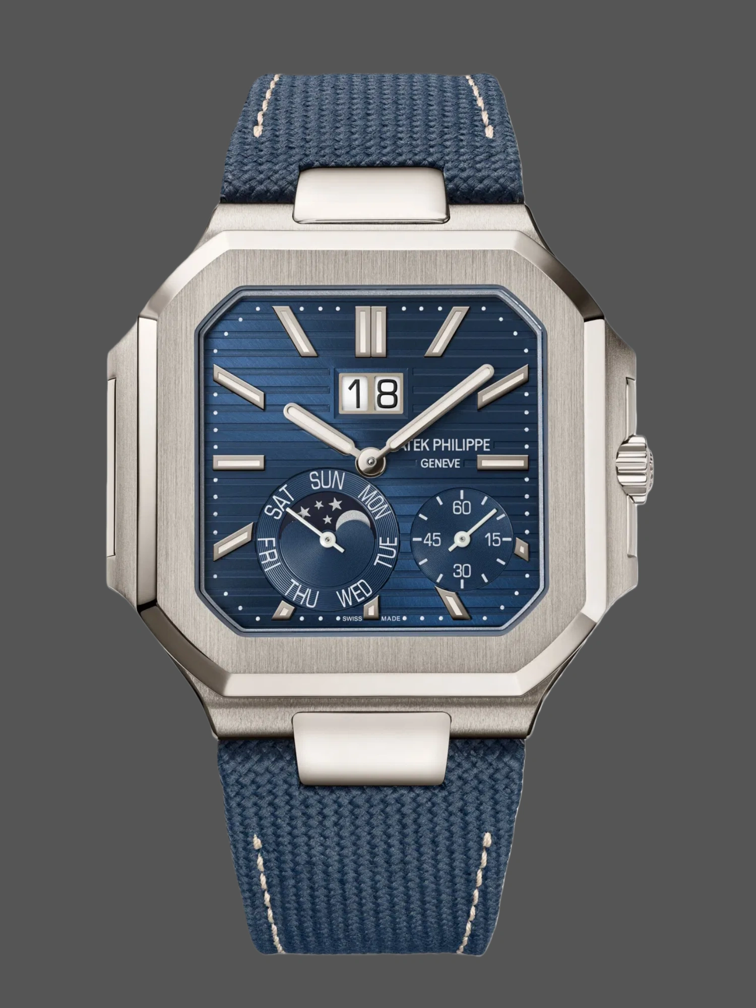 Front view of Patek Philippe Cubitus 5822P-001 showing blue dial and platinum octagonal case.