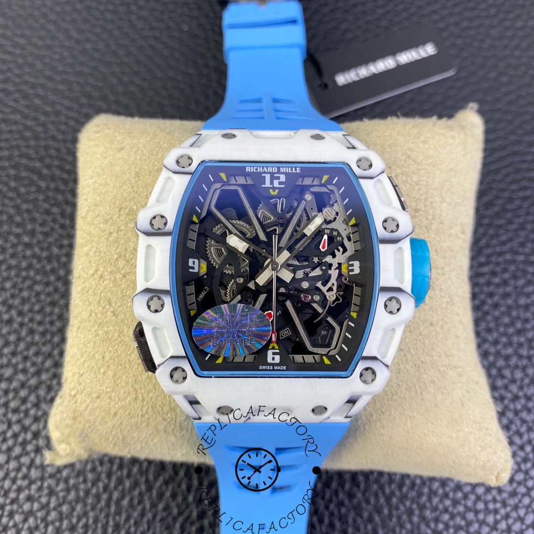 Front view of Richard Mille RM 35-03 Rafa Nadal with white and blue case, skeleton dial, and blue strap.