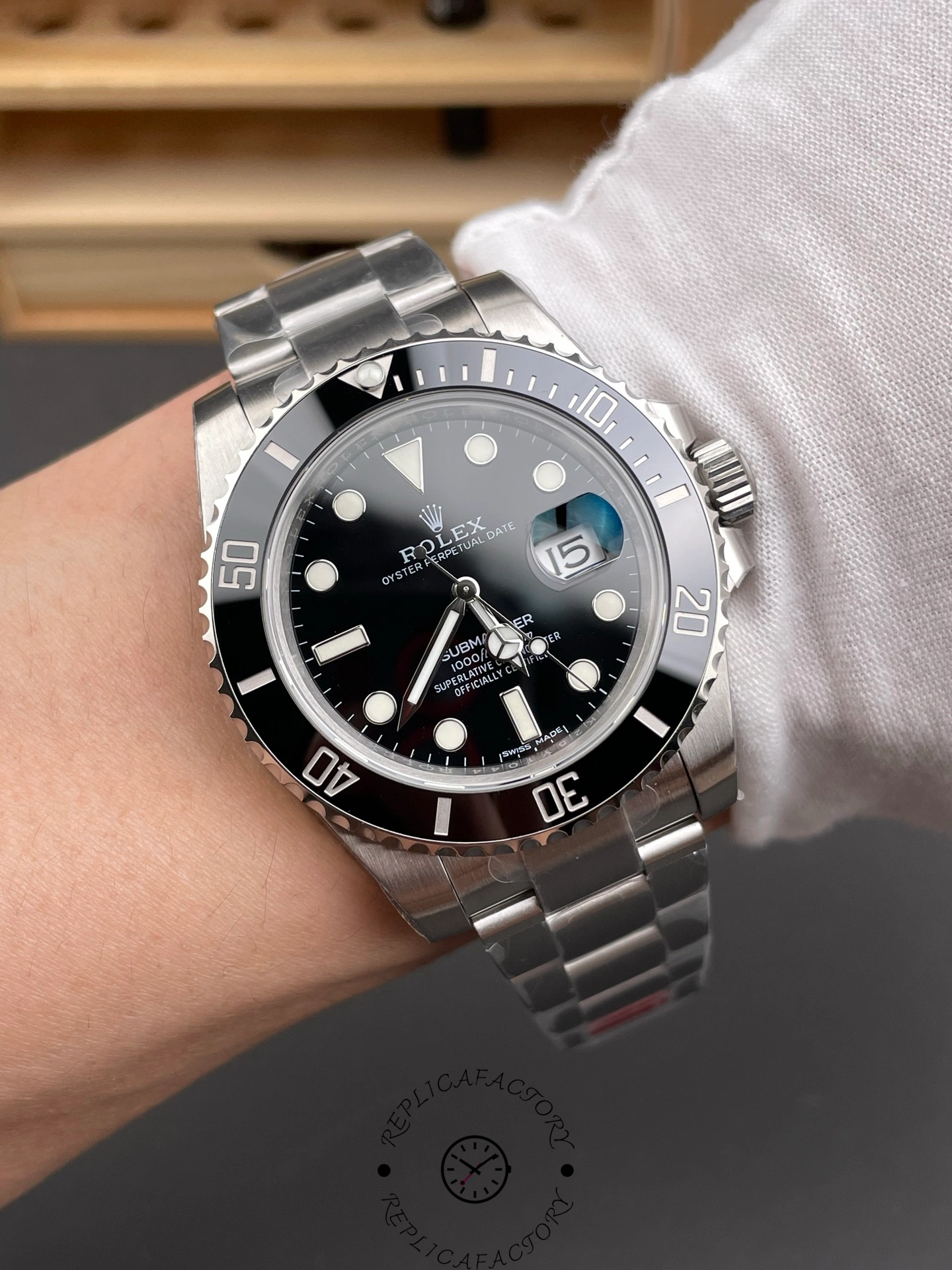 Wrist shot of Rolex Submariner Date 126610LN Oystersteel 41mm black dial automatic watch.