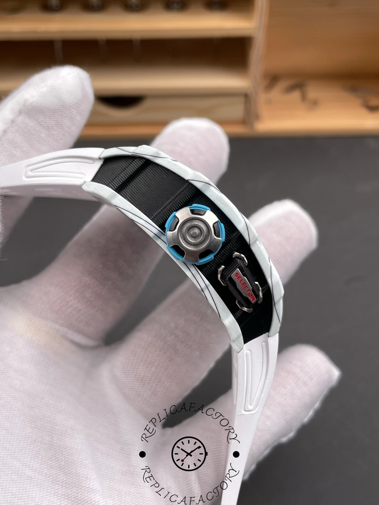 Detailed view of the Richard Mille RM 35-03 Rafa Nadal crown with blue accents.