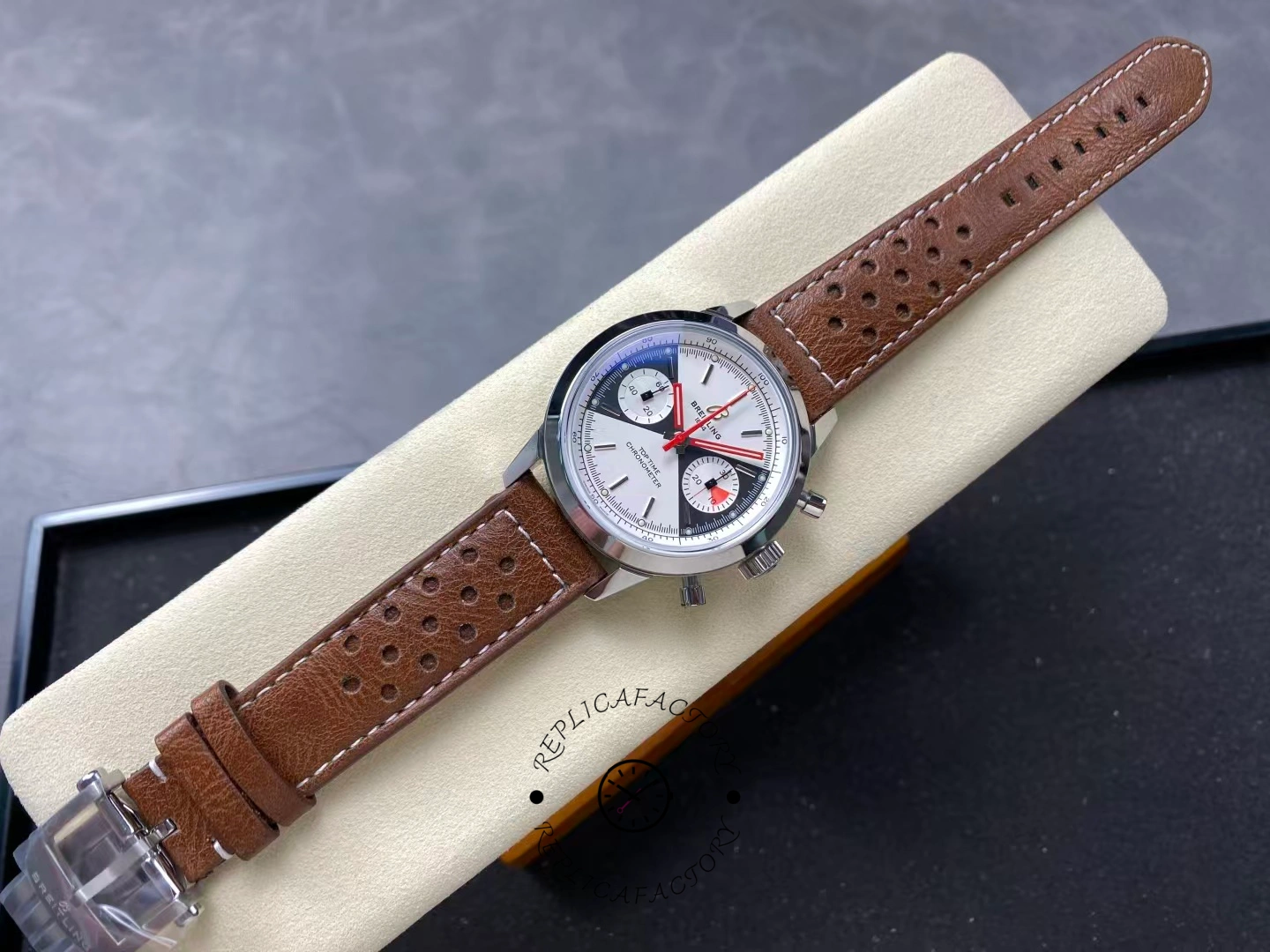 Full view of Breitling Premier Top Time A23310121G1X1 with brown leather strap.