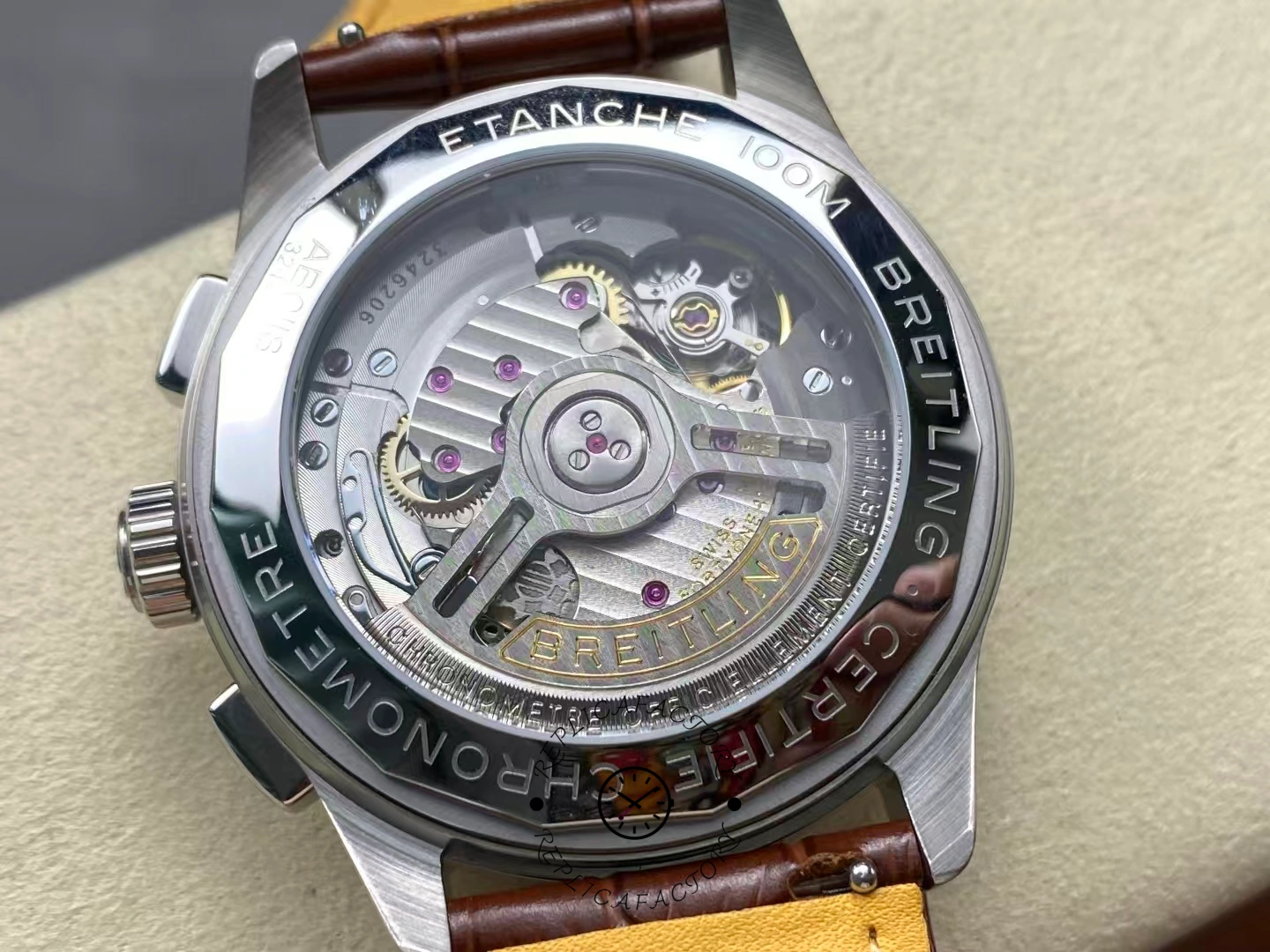 Exhibition caseback of Breitling Premier B09 Chronograph 40 AB0930F51H1P1 showing movement gears.