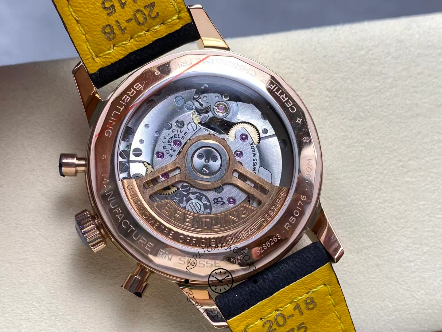 Transparent caseback of Breitling Top Time B01 RB01761A1Q1X1 showing automatic movement.