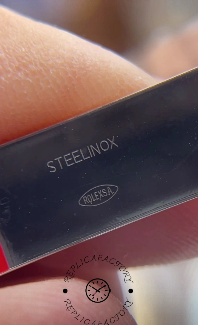 Close-up of Rolex Cosmograph Daytona M116500ln 0001 inner clasp engraving showing “STEELINOX” and “ROLEXSA.” marks.