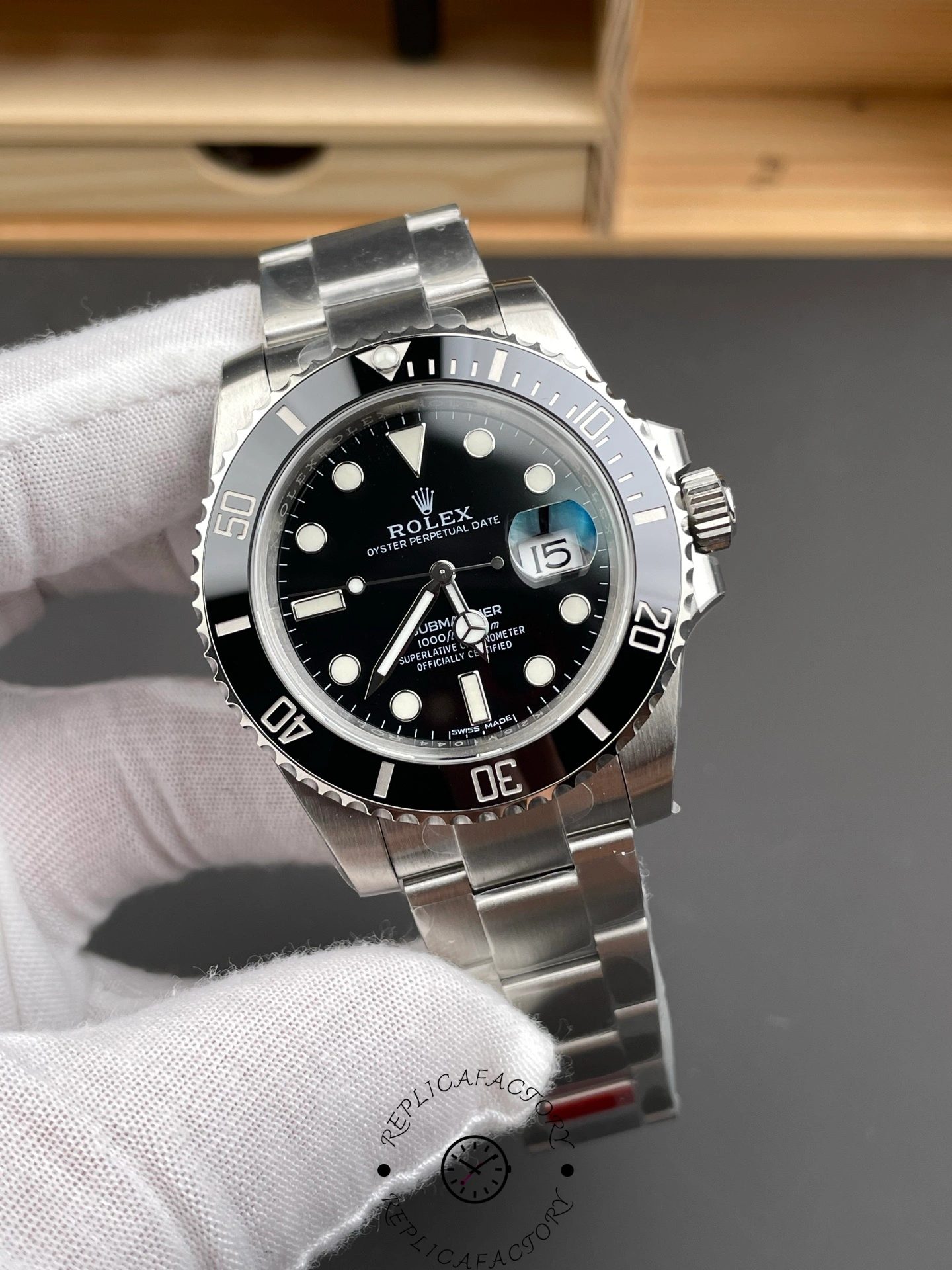 Angled view of Rolex Submariner Date 126610LN Oystersteel automatic watch black bezel.