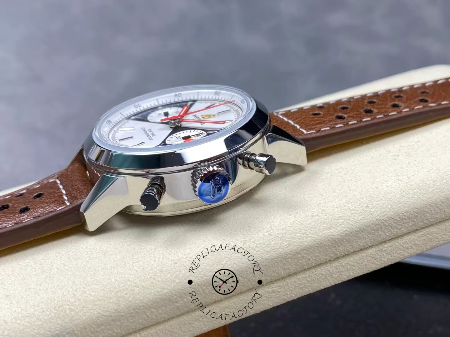 Side view showing crown and pushers of Breitling Premier Top Time A23310121G1X1.