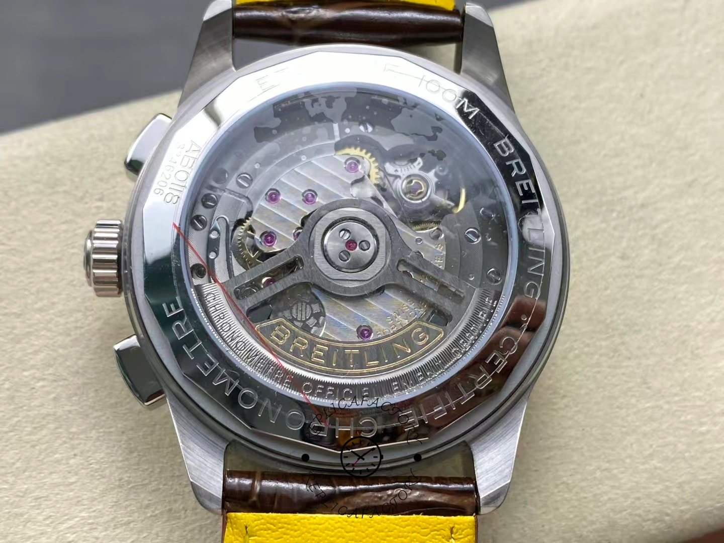 Transparent caseback of Breitling Premier B09 Chronograph AB0930D41K1P1 showing movement.