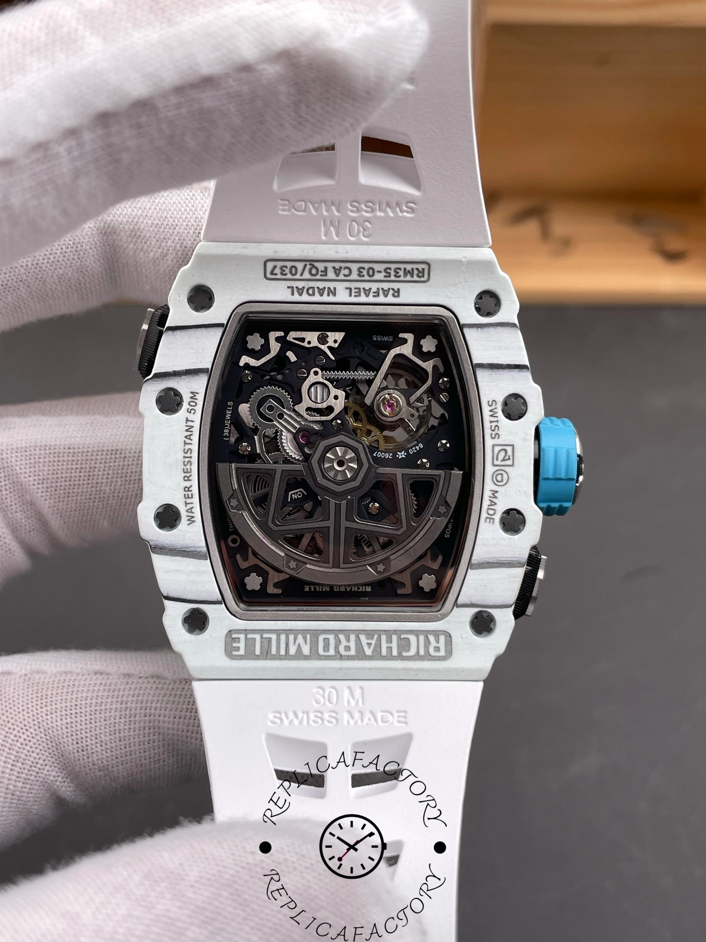 Close-up of Richard Mille RM 35-03 Rafa Nadal caseback showing the intricate movement.
