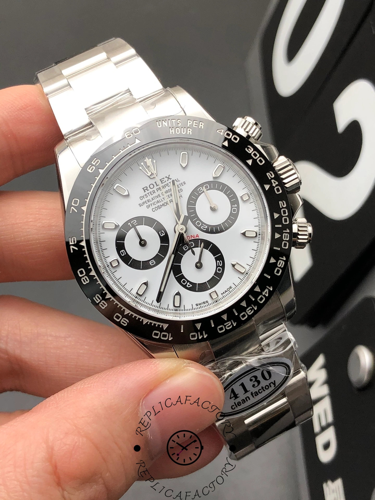 Angled front view of Rolex Daytona 116500LN-0001 showing chronograph sub-dials and polished bezel.