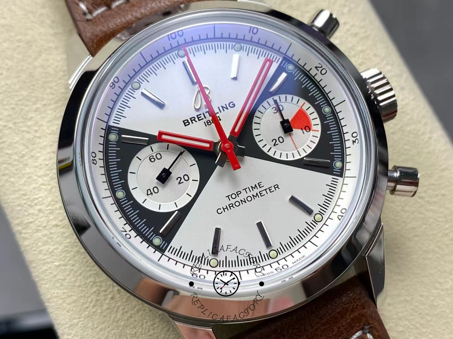 Angle view of Breitling Premier Top Time A23310121G1X1 with white and black Zorro dial.