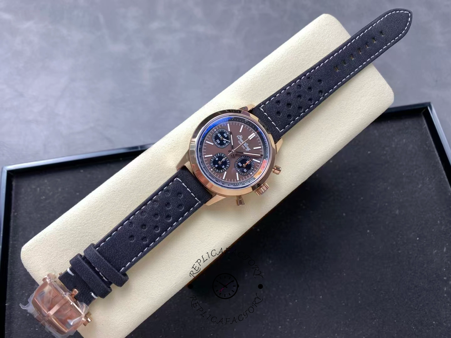 Full view of Breitling Top Time B01 RB01761A1Q1X1 with black perforated strap.