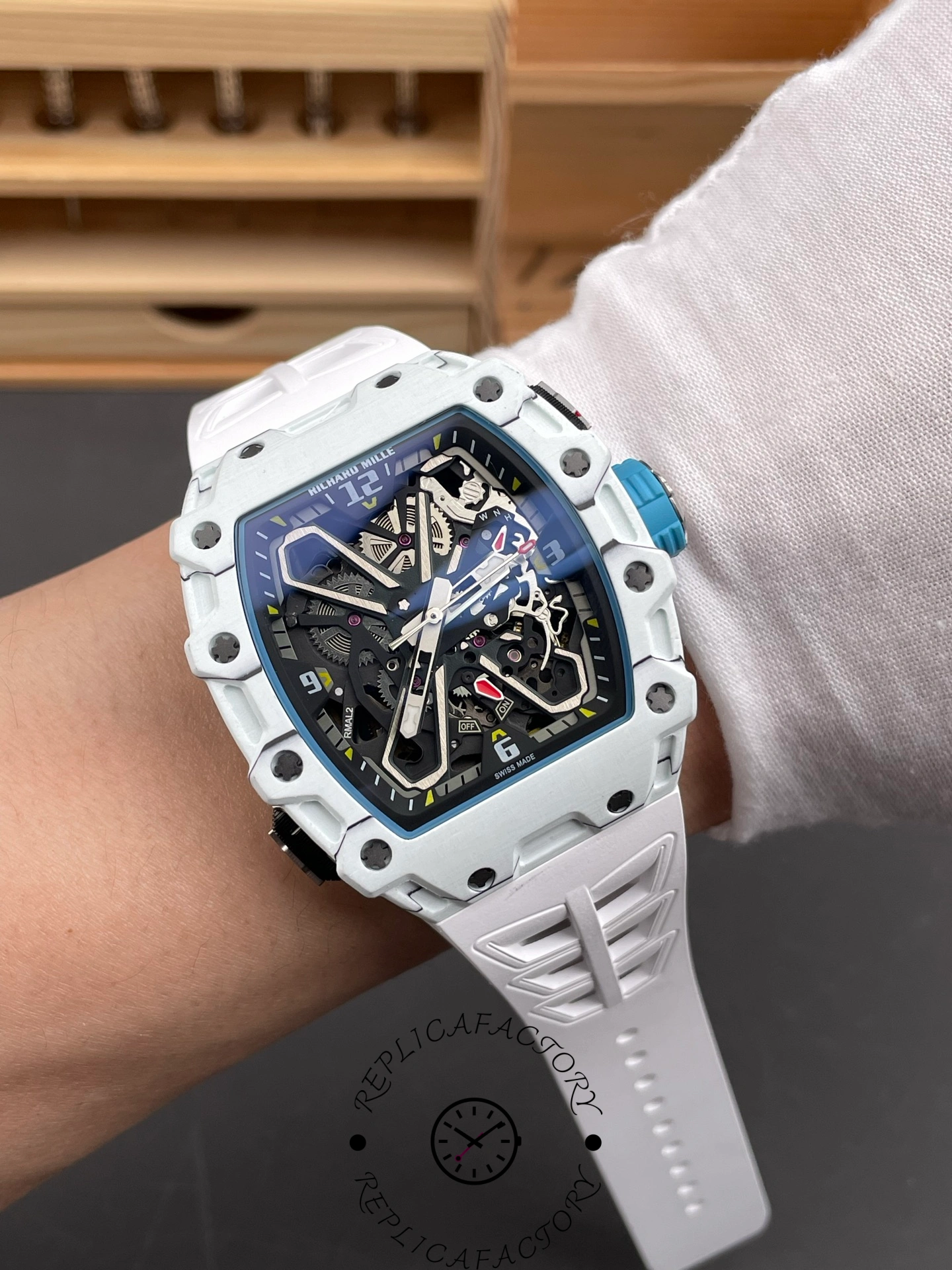 Richard Mille RM 35-03 Rafa Nadal on wrist, showing the skeletonized dial and white rubber strap.