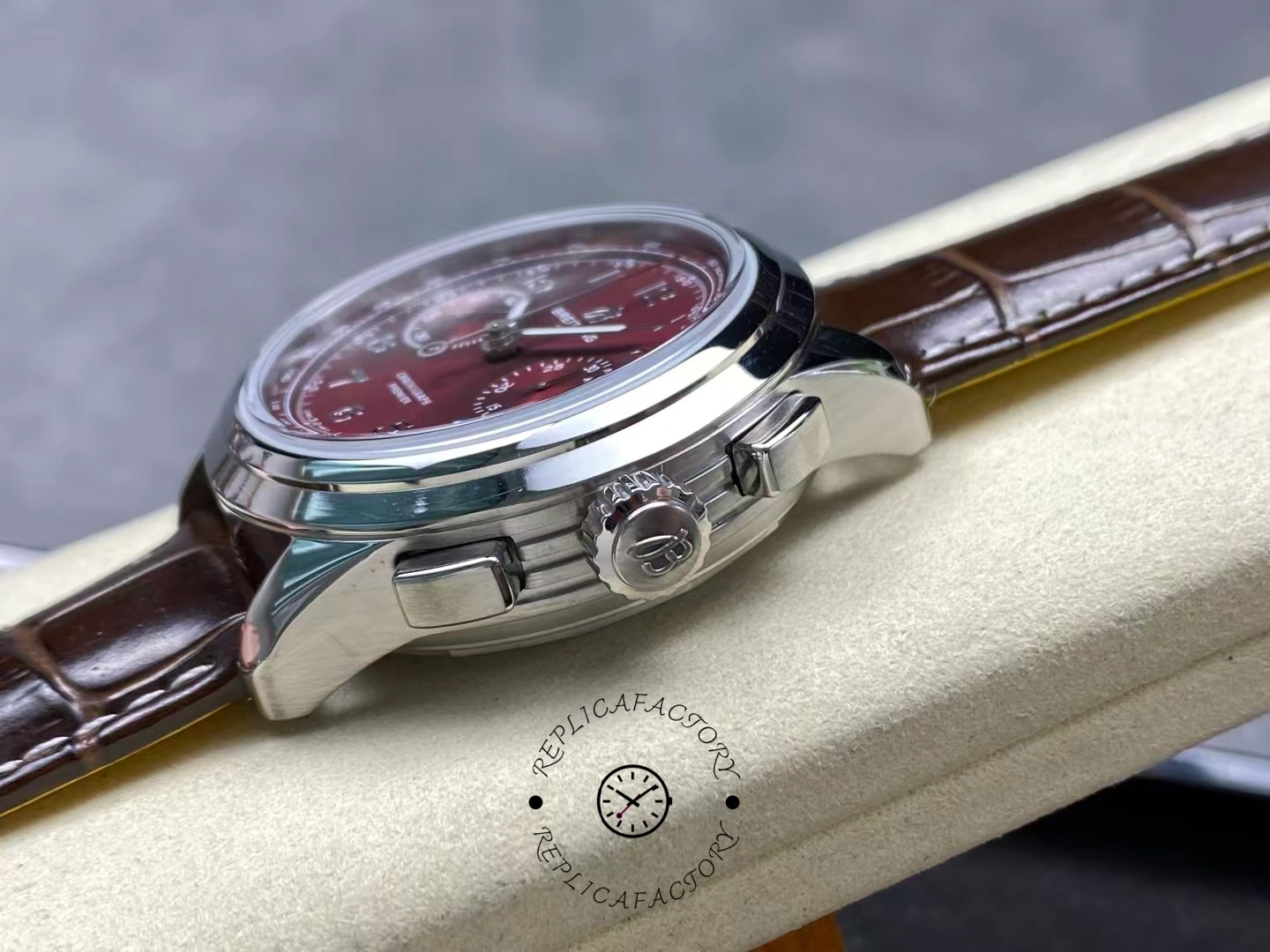 Side view showing crown and pushers on Breitling Premier B09 AB0930D41K1P1.