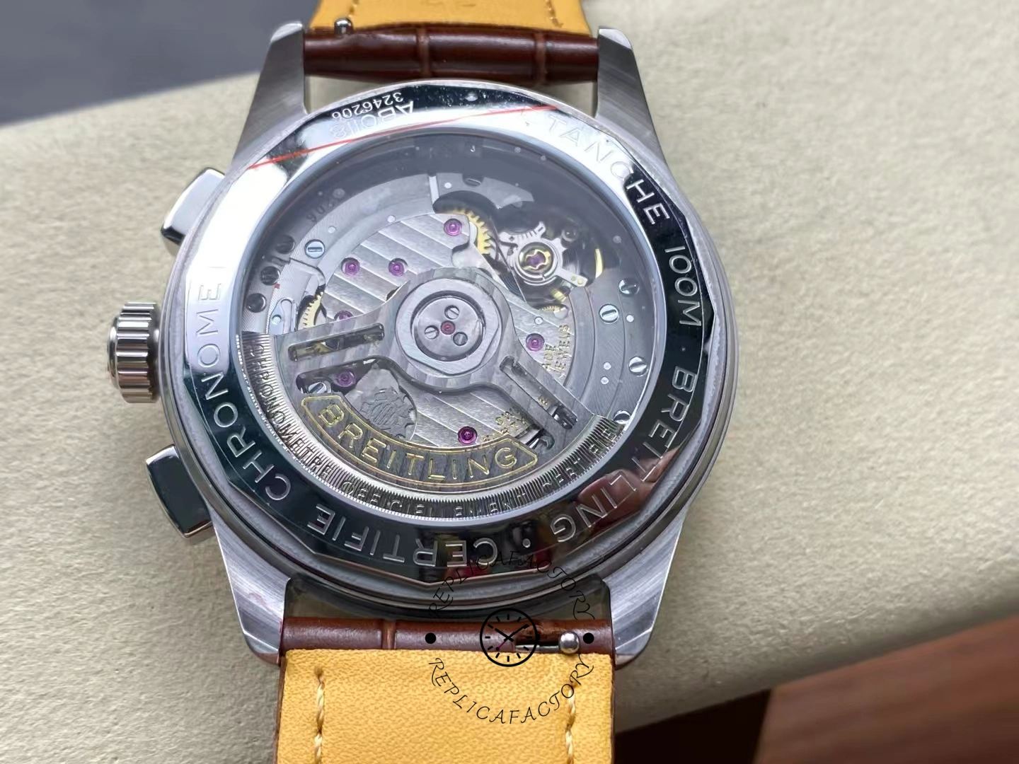 Exhibition caseback of Breitling Premier B01 AB0145211G1P2 showing automatic movement.