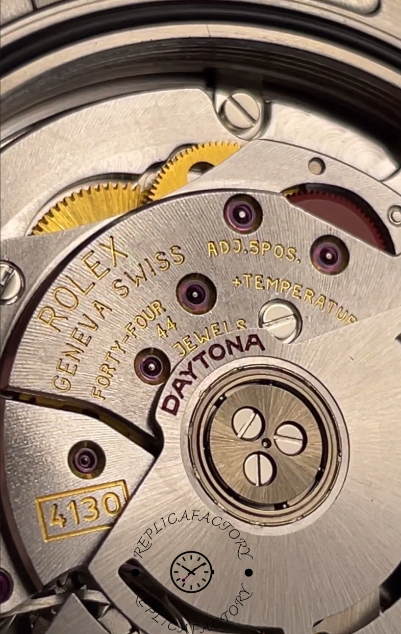 Macro shot of Rolex Caliber 4130 movement showing Geneva engravings and gear details.