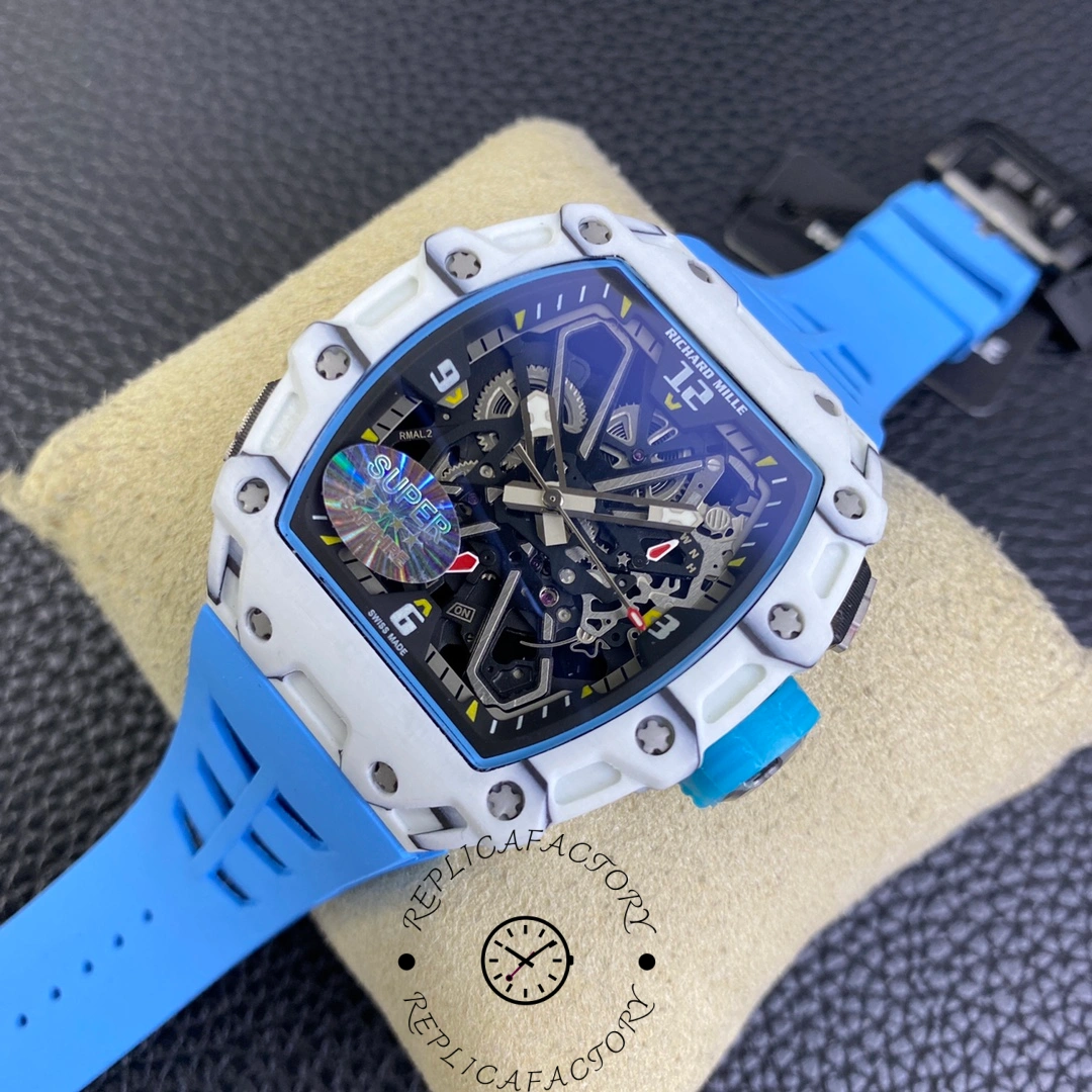 Close-up of the Richard Mille RM 35-03 Rafa Nadal's skeletonized dial with blue strap.