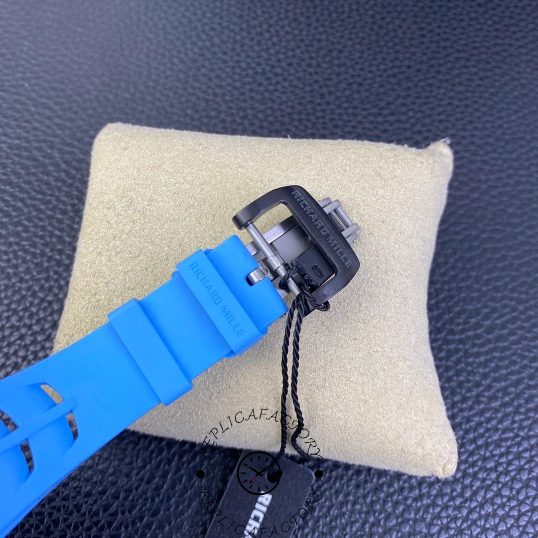 Close-up of the dial of Richard Mille RM 35-03 Rafa Nadal with white and blue case, and skeleton movement.