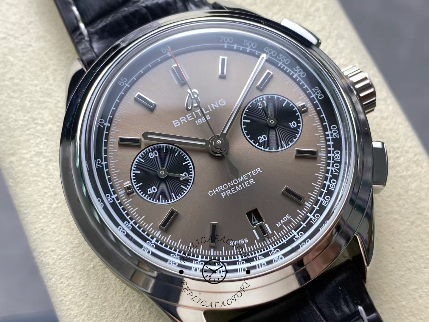 Macro close-up of Breitling Premier B01 AB0118221B1P2 showing dual subdials and tachymeter scale.