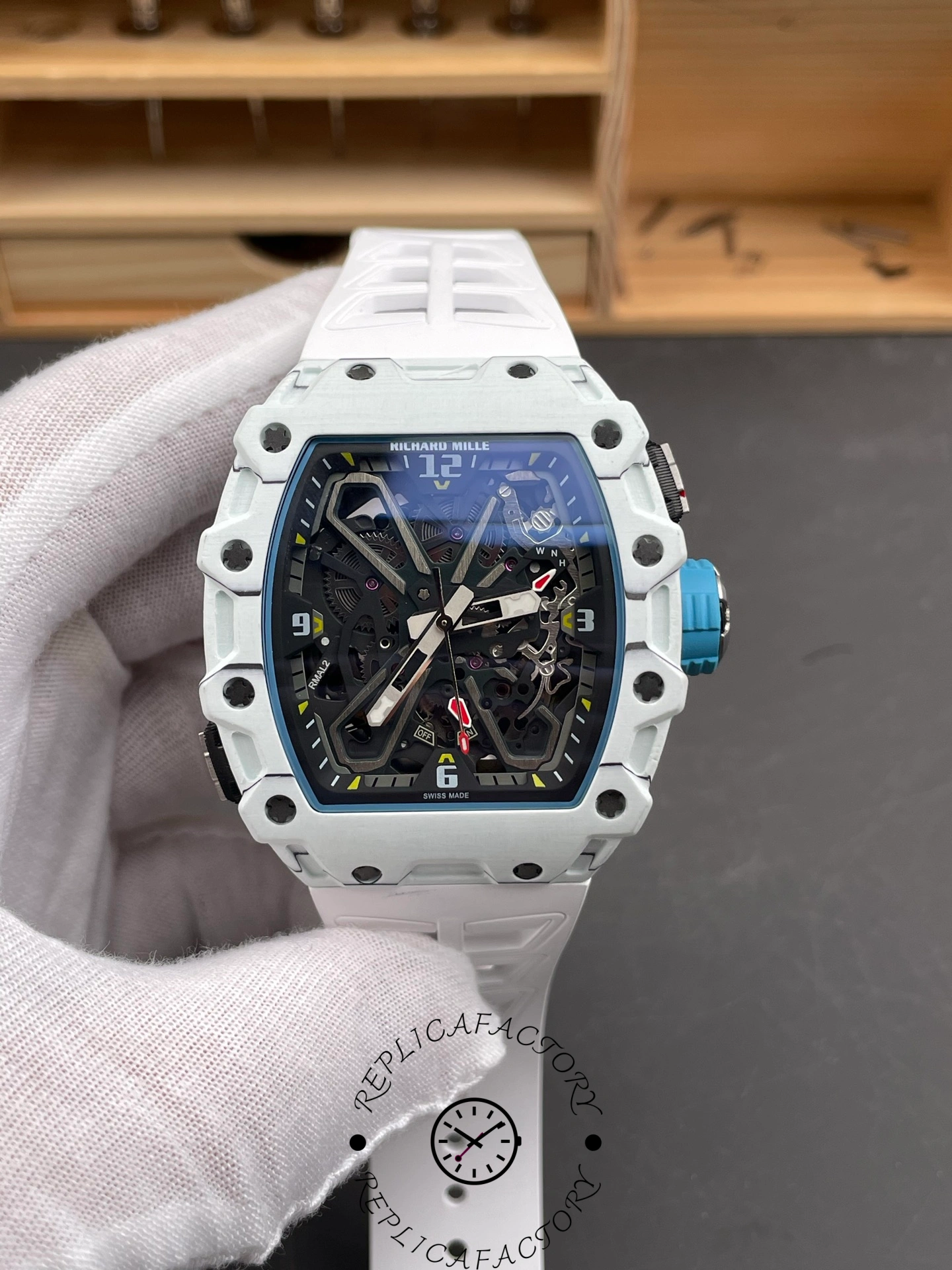 Side view of Richard Mille RM 35-03 Rafa Nadal showing white carbon case and crown.
