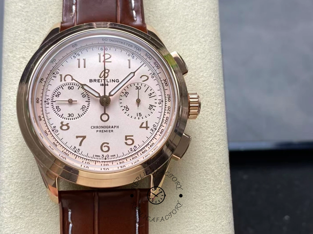 Detailed front view of Breitling Premier B09 Chronograph RB0930371G1P1 rose gold case. - Front view