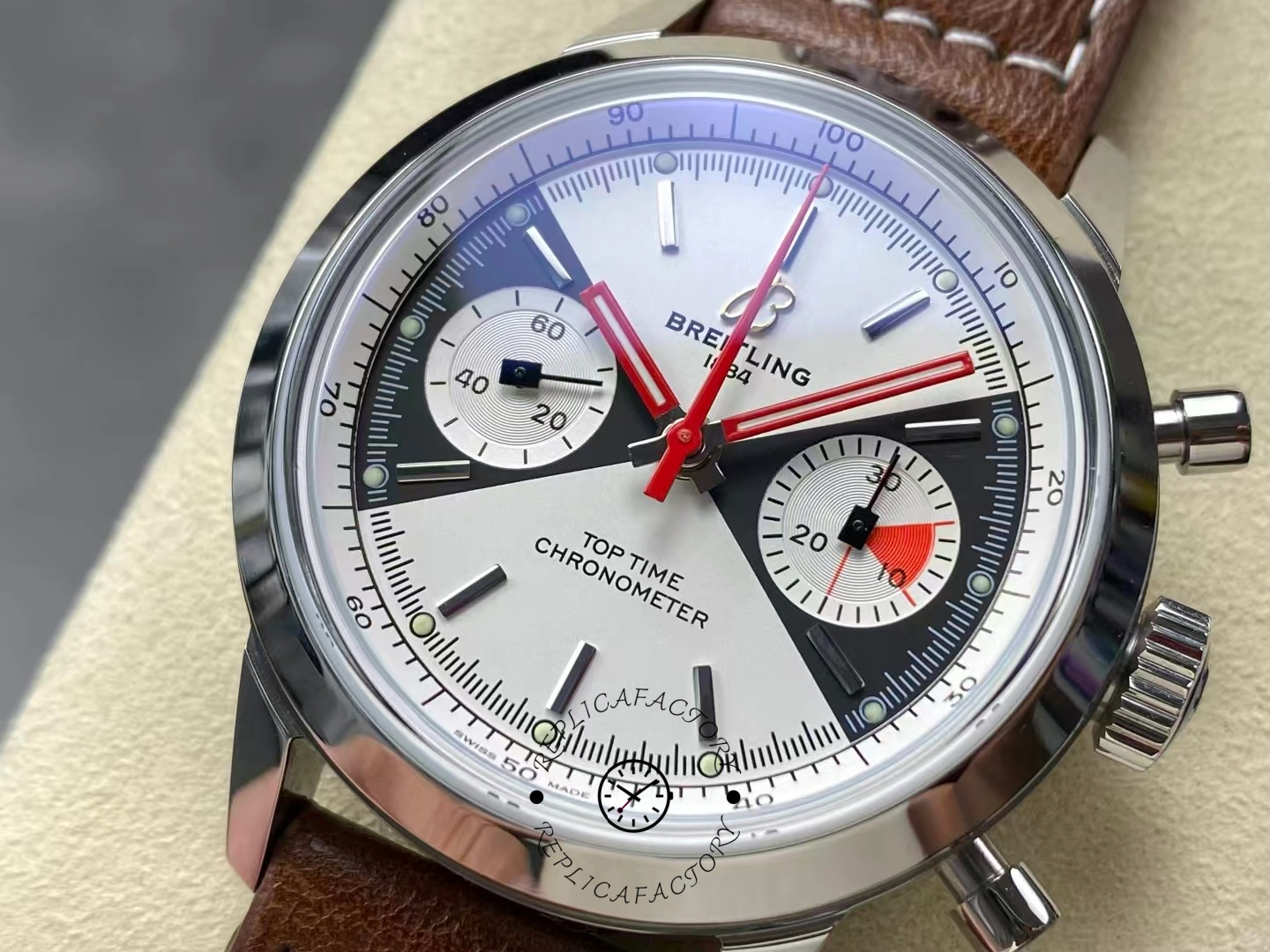 Close-up of Breitling Premier Top Time A23310121G1X1 Zorro Dial showing red hands.