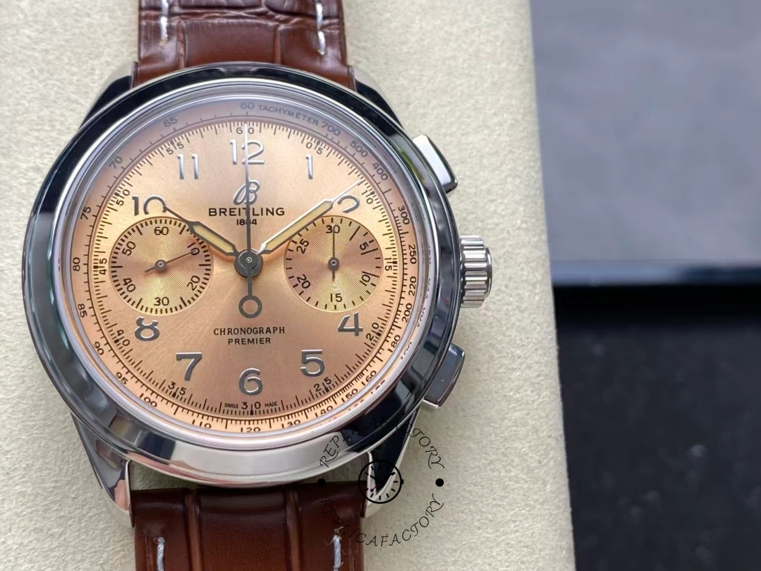 Front view of Breitling Premier B09 Chronograph 40 AB0930F51H1P1 showing twin subdials and silver case. - Front view