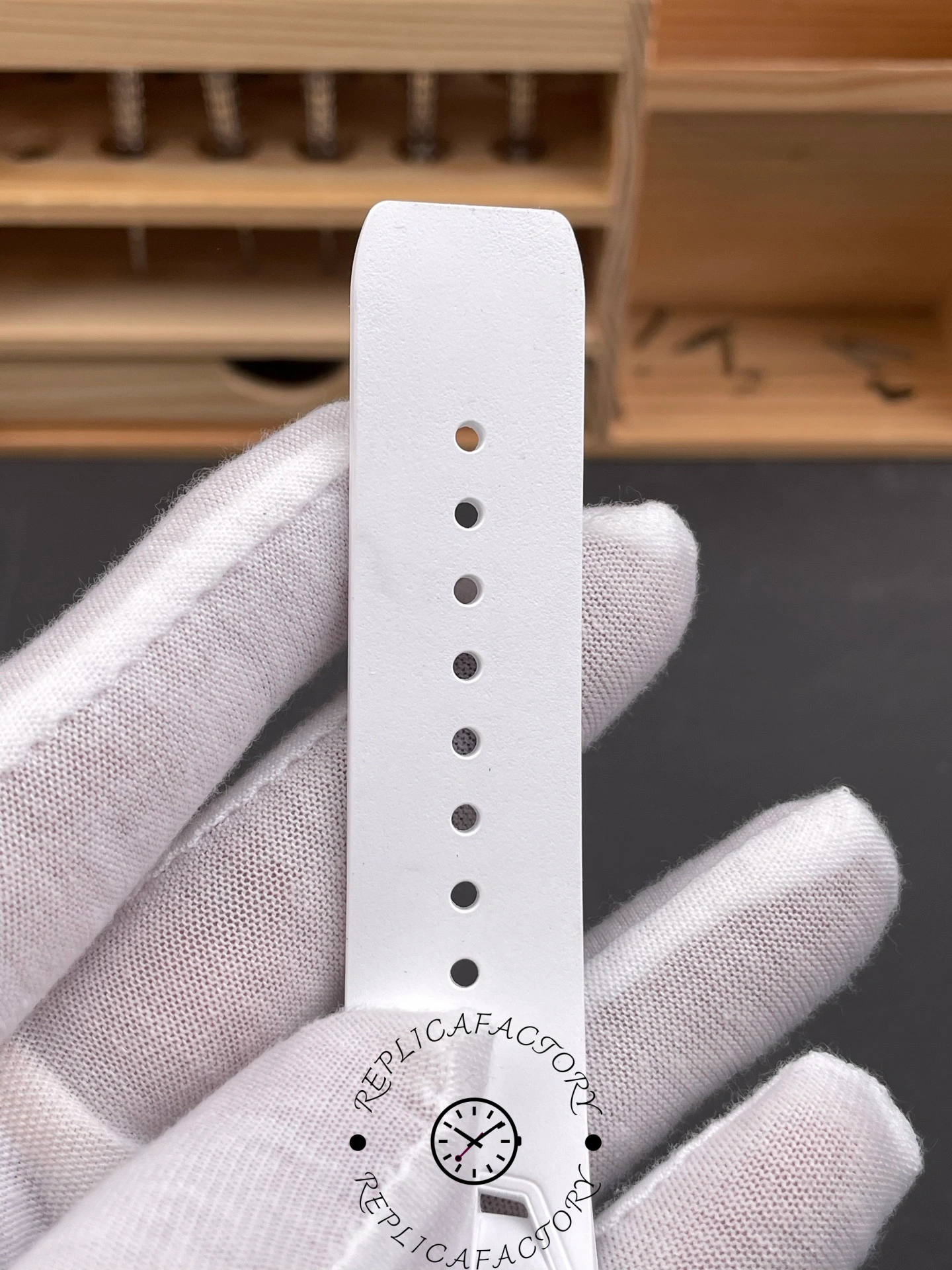 Close-up of the Richard Mille RM 35-03 Rafa Nadal strap holes and white rubber material.