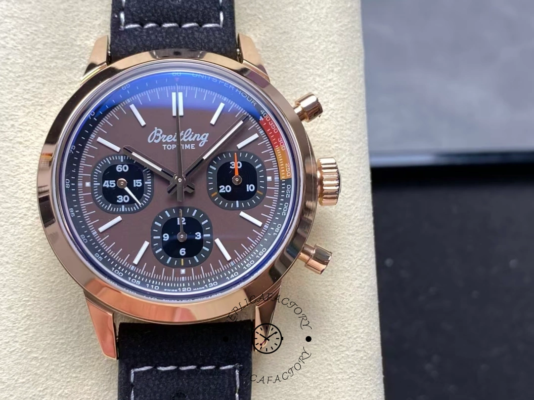 Front view of Breitling Top Time B01 RB01761A1Q1X1 with brown dial and rose gold case. - Front view