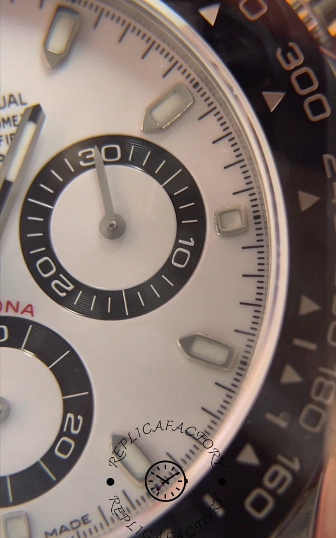 Macro close-up of Rolex Daytona 116500ln 0001 sub-dial showing precise printing and polished markers.