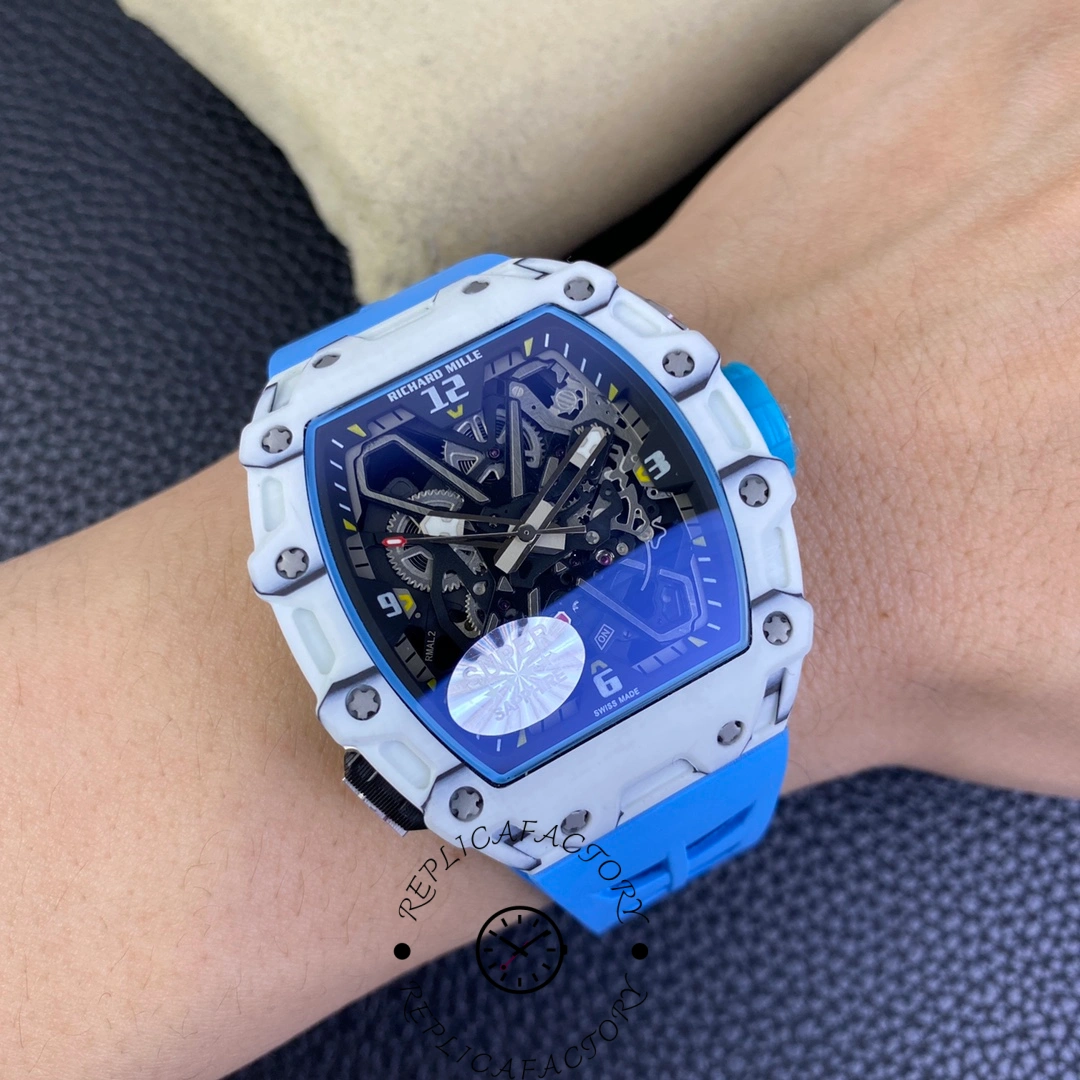 Richard Mille RM 35-03 Rafa Nadal on wrist, displaying the blue rubber strap and skeleton dial.