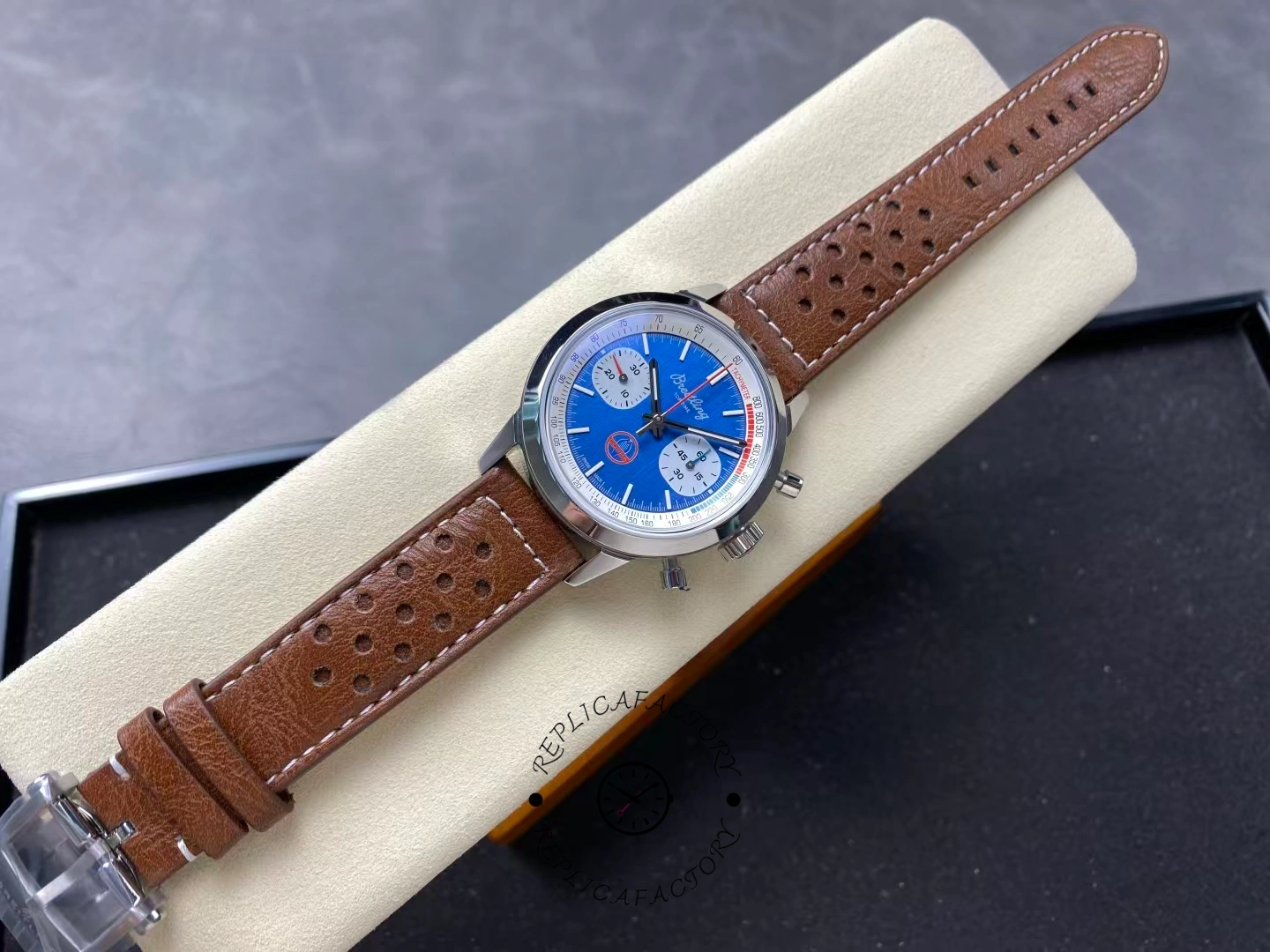 Full view of Breitling Top Time B01 Shelby Cobra AB01763A1C1X1 with brown leather strap.